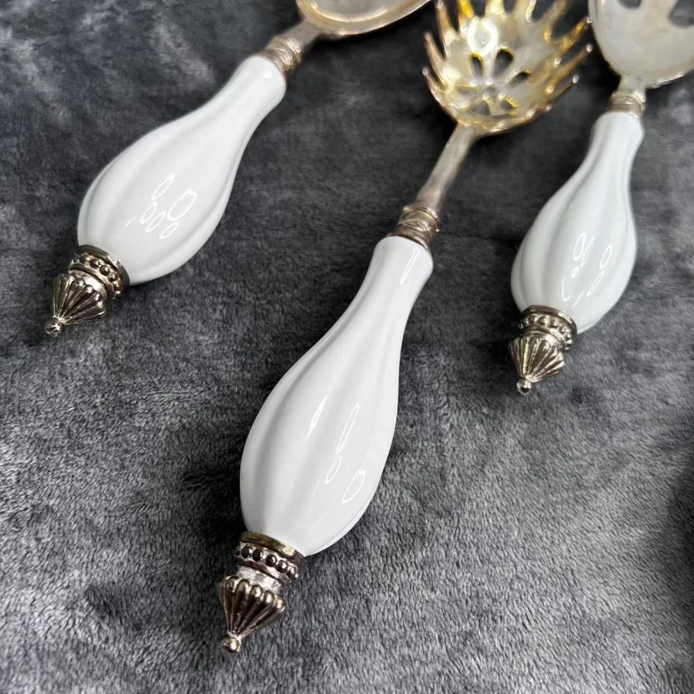 Godinger Silver Plated Serving Set White Porcelain 5 pc Cake Serve Slotted Spoon